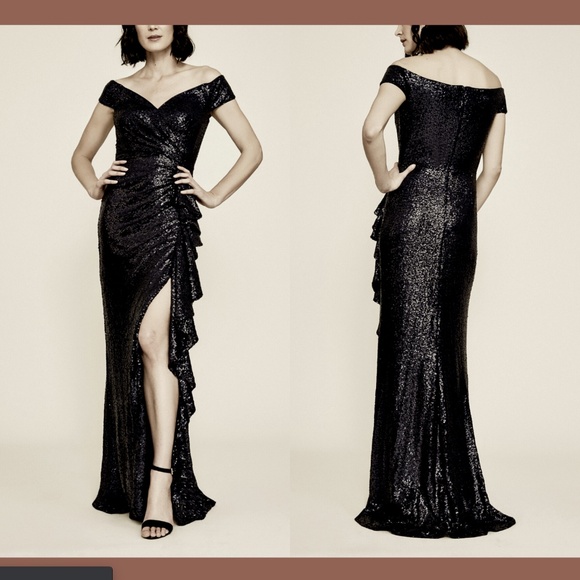 NWT Tadashi‎ Shoji Hurley Off Shoulder Sequin Gown in Black [SZ Medium ] - Picture 1 of 12